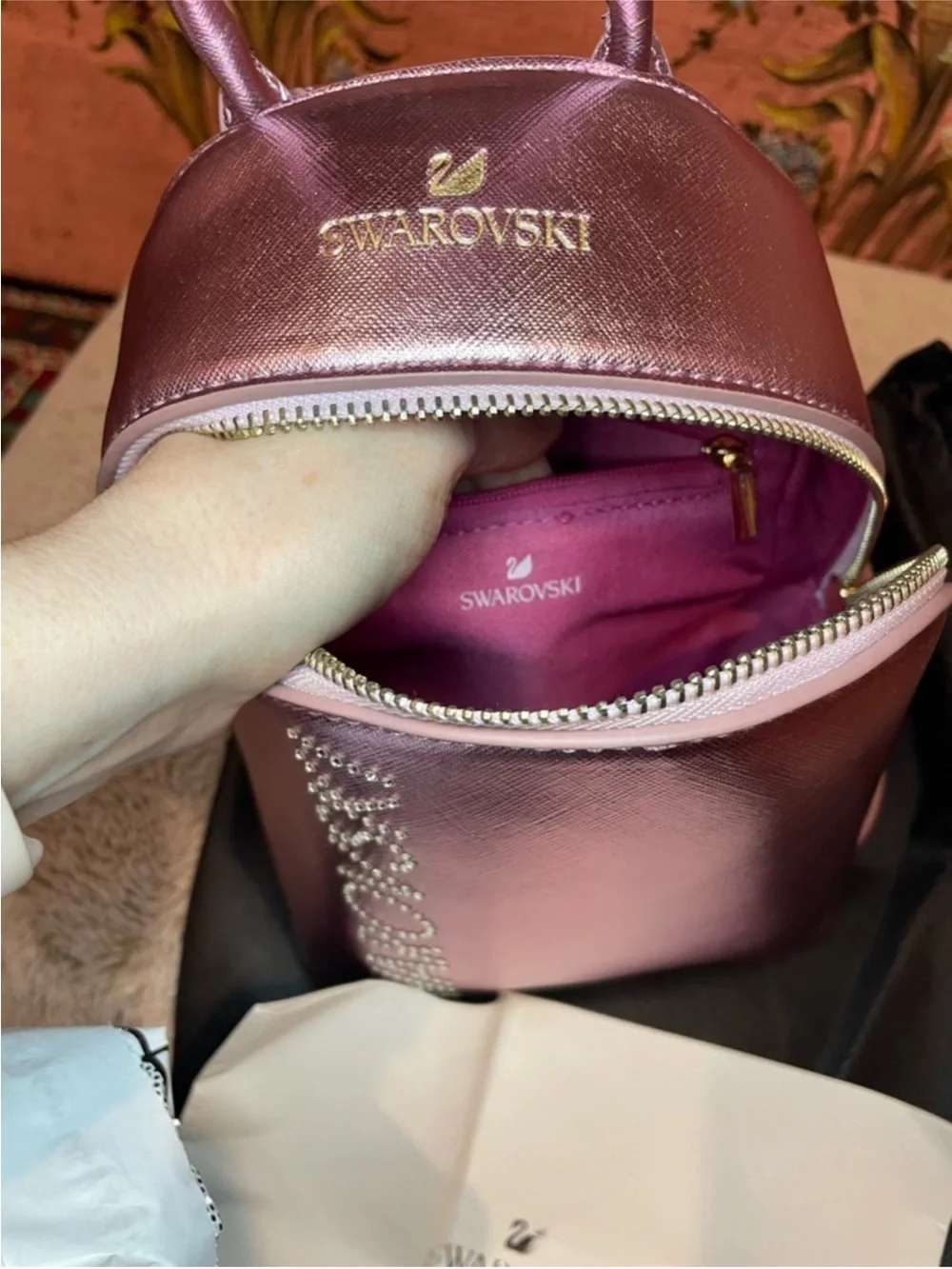 Swarovski Metallic Rose Pink Mini Backpack with Crystal Logo LIKE NEW